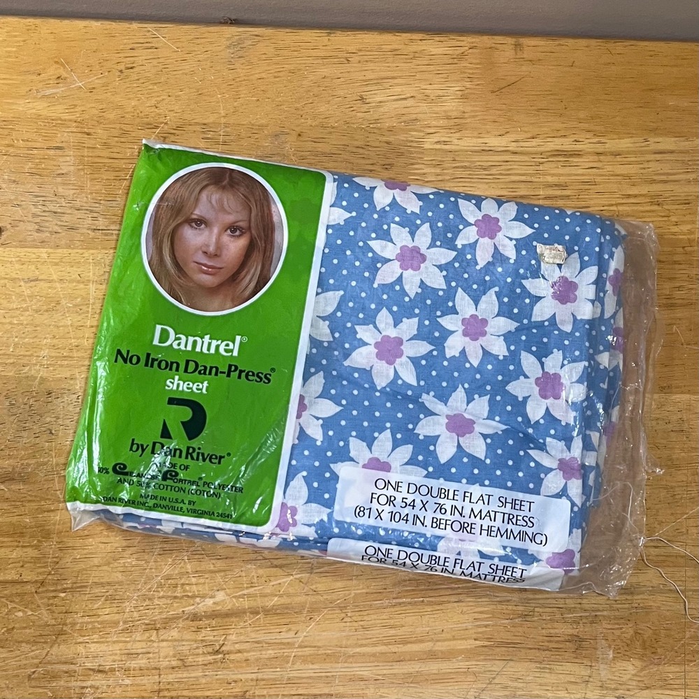 Vtg 70s Dantrel Dan River Double Flat Sheet Blue Floral Polka Dot NOS Retro USA